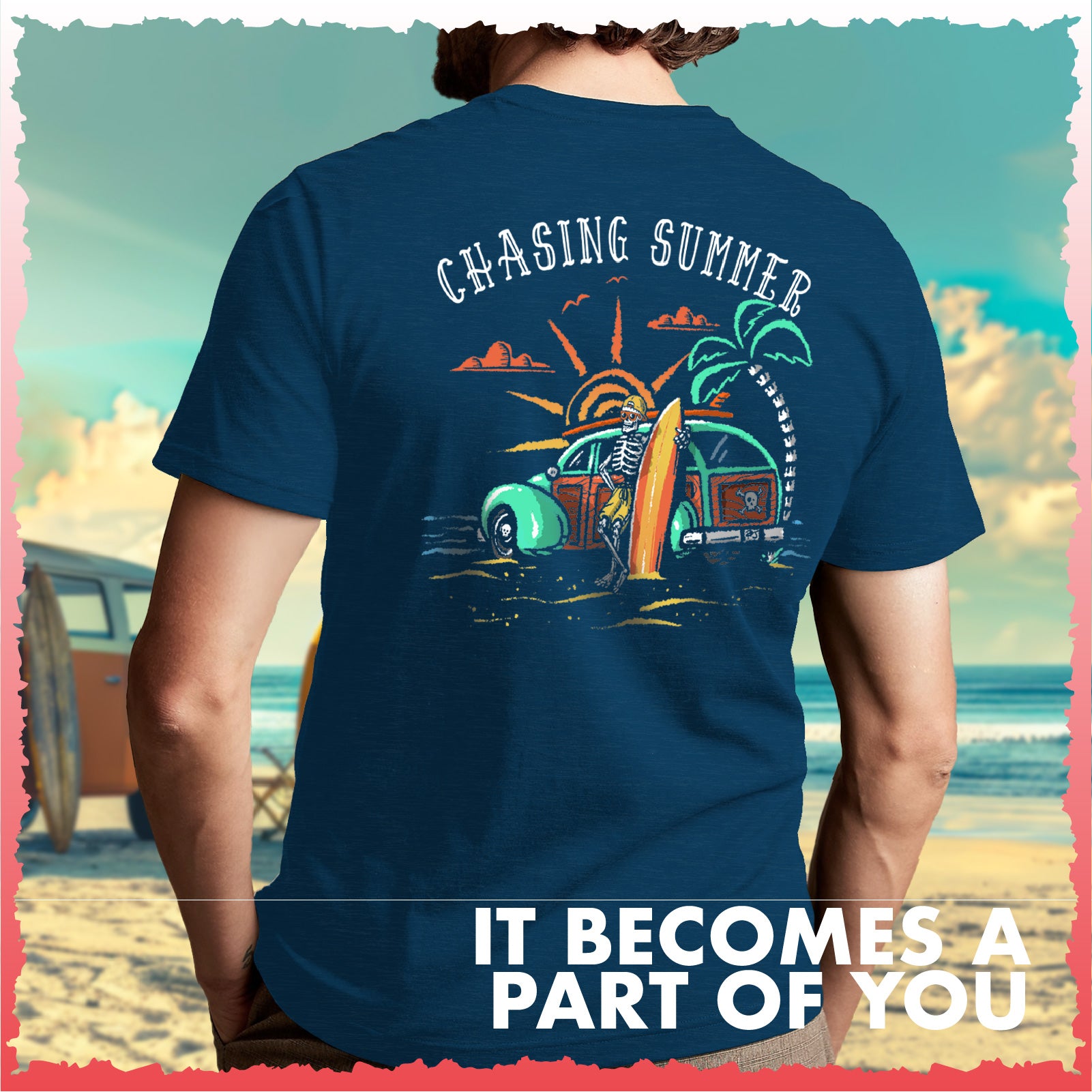 Salty Bones Chasing Summer Woody Car Sunset Surfer T-Shirt