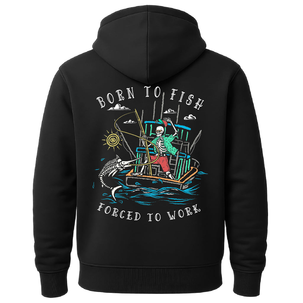 Salty Bones Born to Fish Forced to Work Fishing Boat Premium Blend Ringspun Graphic Hooded Sweatshirt, Printed in USA