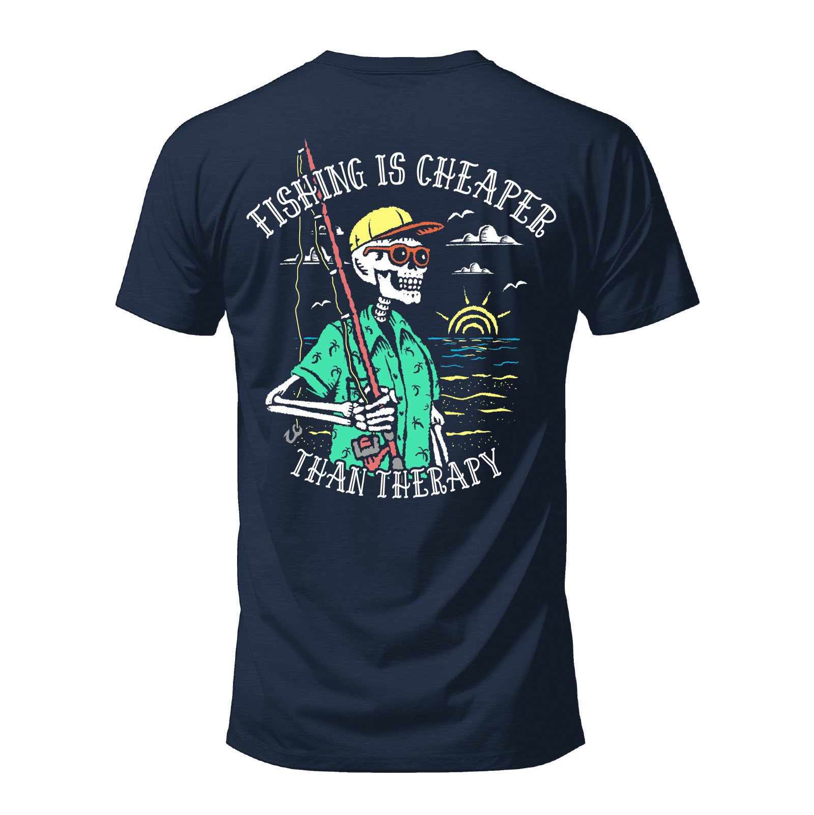 Salty Bones Fishing Is Cheaper Than Therapy Fisherman Sunset Graphic T-Shirt