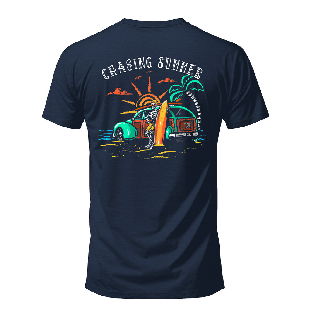 Salty Bones Chasing Summer Woody Car Sunset Surfer T-Shirt