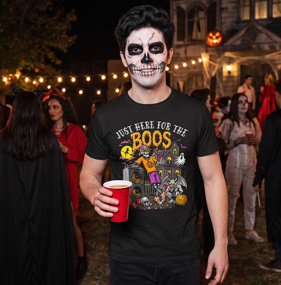 Just Here for the Boos Halloween Haunted House Front Print T-Shirt