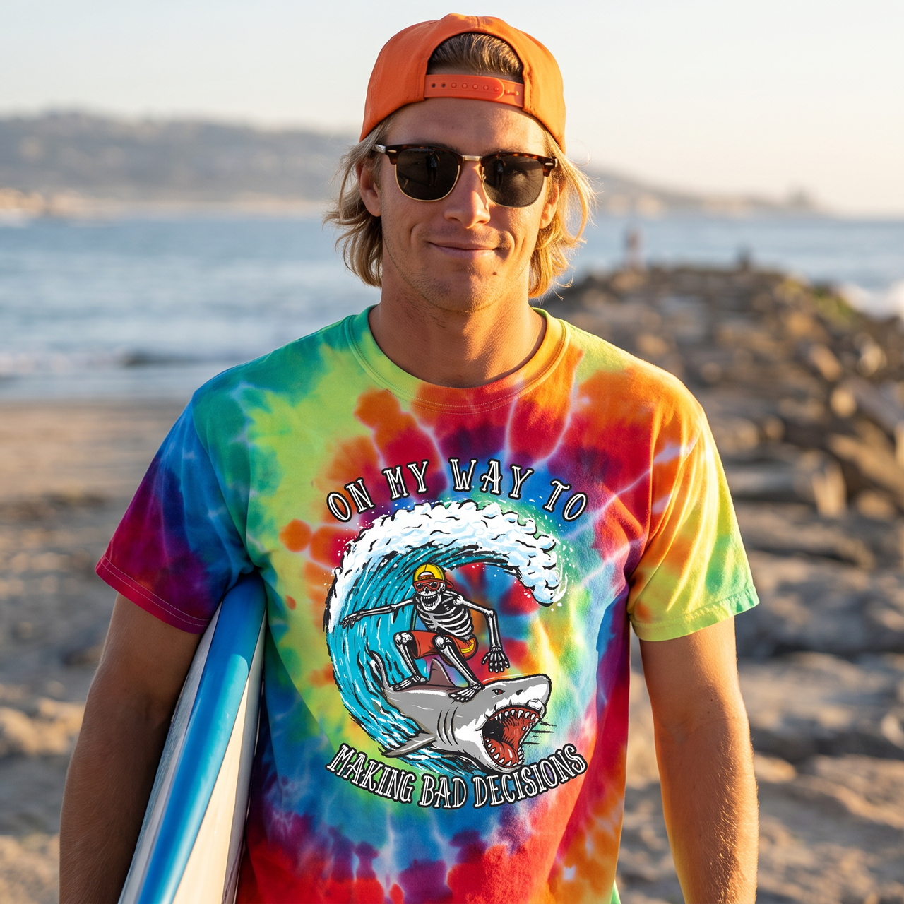 On My Way to Making Bad Decisions Surfing Shark Tie-Dye Front Print T-Shirt