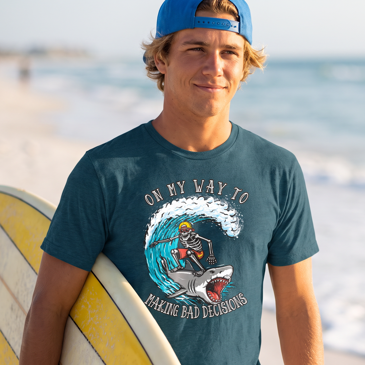 On My Way to Making Bad Decisions Shark Surfer Front Print T-Shirt