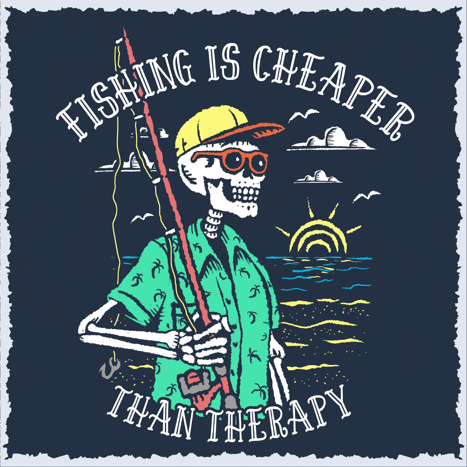 Salty Bones Fishing Is Cheaper Than Therapy Fisherman Sunset Graphic T-Shirt