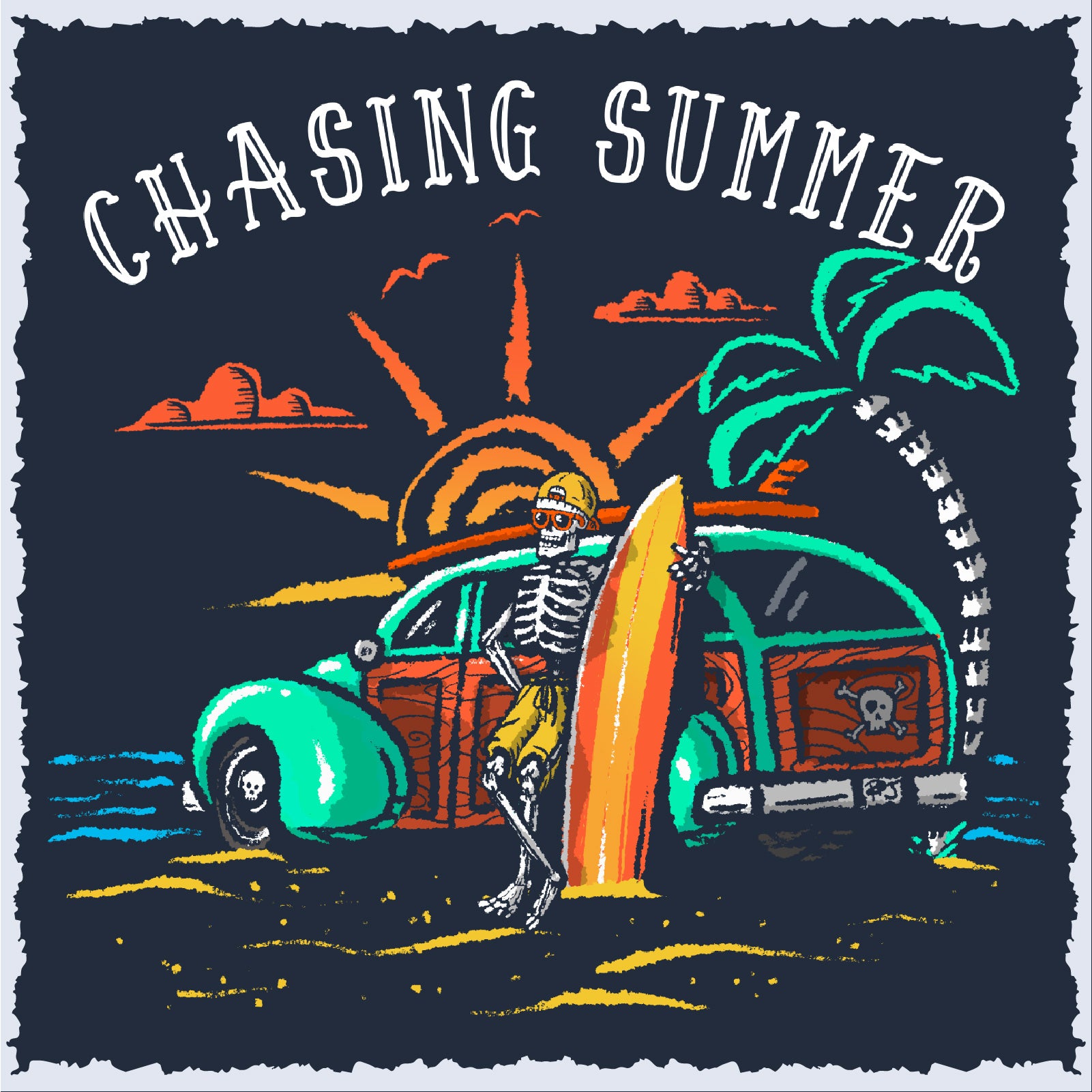 Salty Bones Chasing Summer Woody Car Sunset Surfer T-Shirt