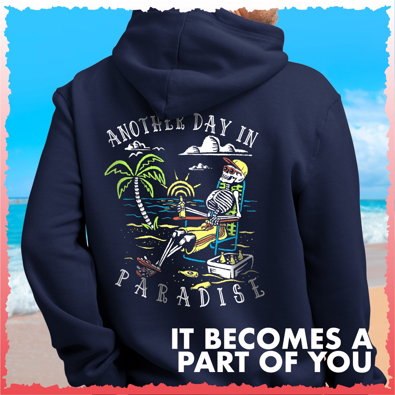 Salty Bones Another Day in Paradise Tropical Beach Premium Blend Ringspun Graphic Hooded Sweatshirt, Printed in USA