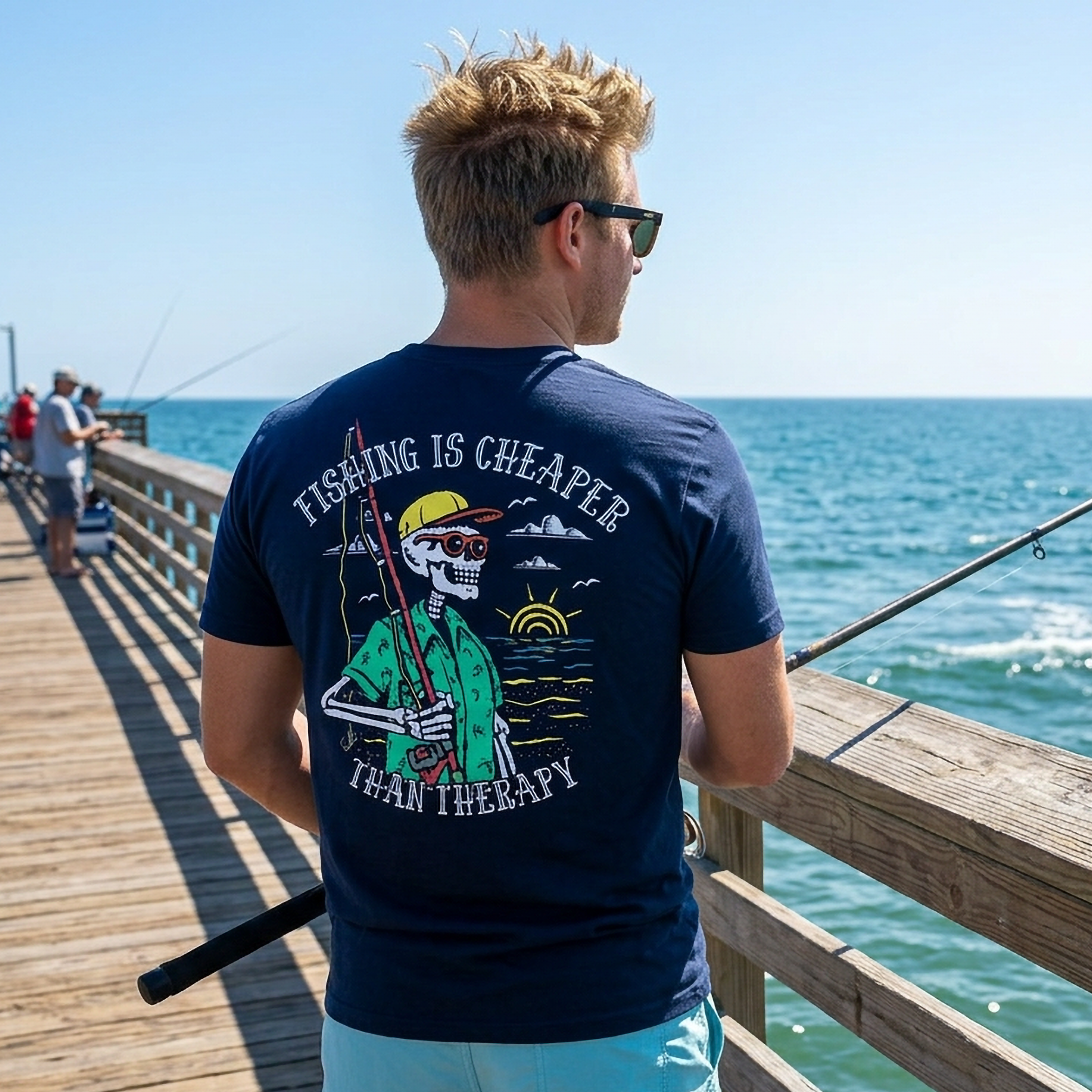 Salty Bones Fishing Is Cheaper Than Therapy Fisherman Sunset Graphic T-Shirt
