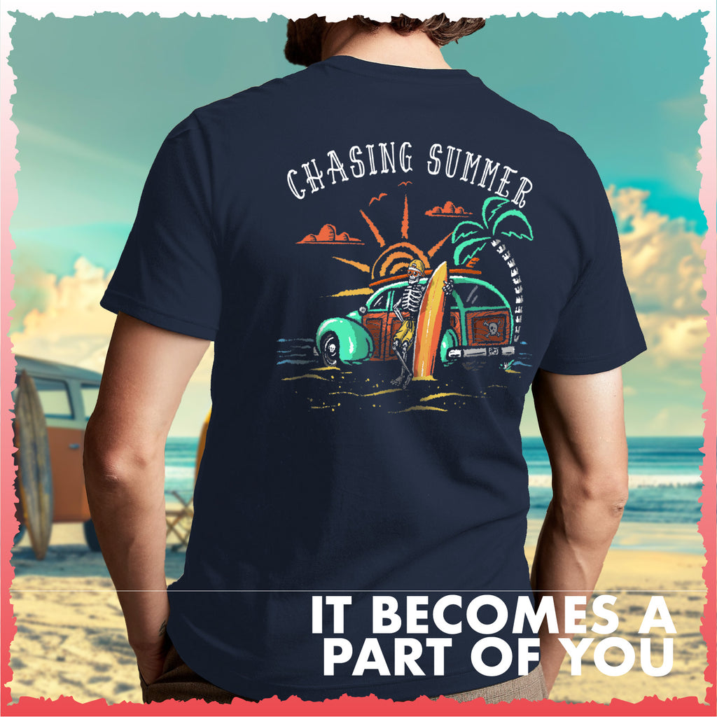 Salty Bones Chasing Summer Woody Car Sunset Surfer T-Shirt